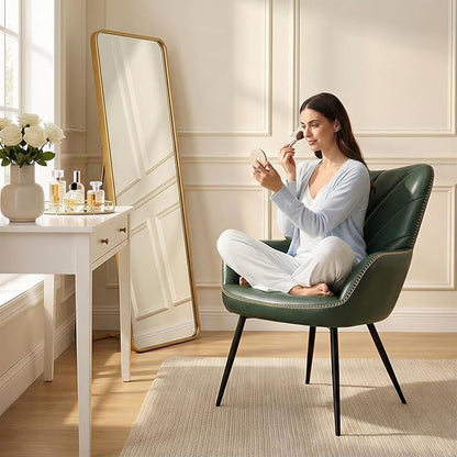 MALOL Modern Mid-Century Faux Leather Accent Chair, Upholstered Armchair with Curved Backrest, Sturdy Metal Base, Living Room, Bedroom & Reading Nook,Green