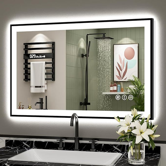 40x24 Black Framed LED Bathroom Mirror with Lights, Backlit and Front Lit Anti-Fog Lighted Vanity Mirrors for Bathroom Wall, Dimmable, 3 Colors, Memory, HD Tempered Glass, Horizontal/Vertical