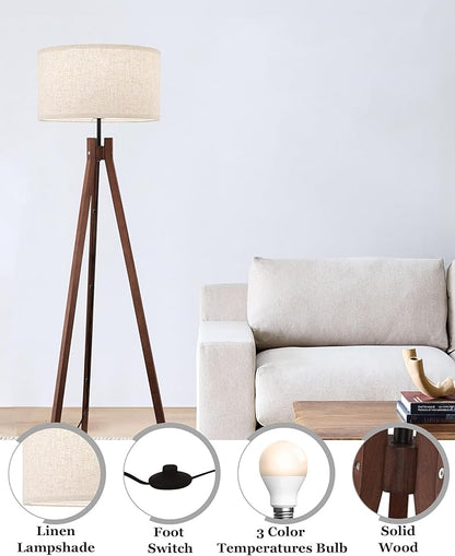 ELYONA Wood Tripod Floor Lamp, Mid Century Reading Standing Lamp with 3 Color Temperatures & Linen Shade, Modern Night Light for Bedroom, Farmhouse, Living Room, Office, 9W LED Bulb Included, Brown
