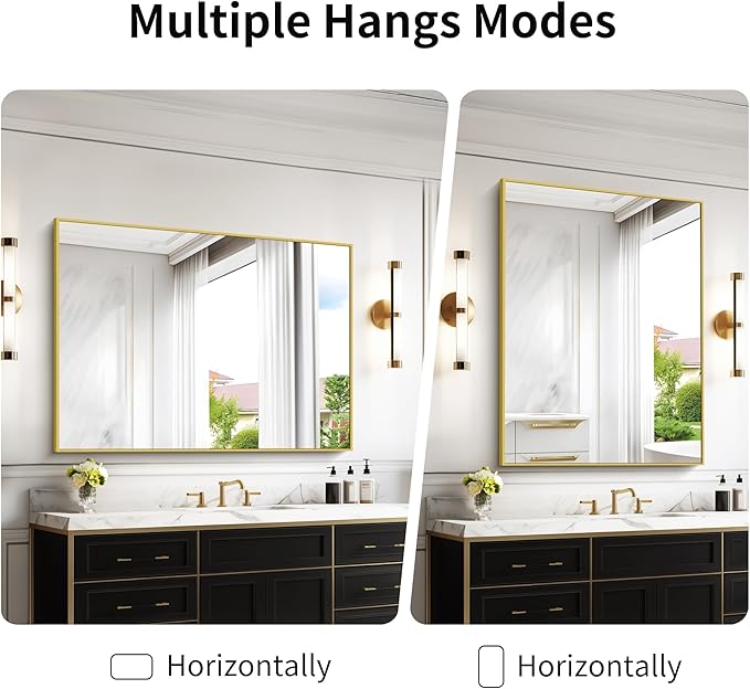 COFENY 36x48inch Bathroom Mirror, Gold Rectangle Mirror with Thin Metal Frame, Large Rectangular Wall Mirrors for Bathroom, Living Room, Hair Salon, Big Farmhouse Mirror Hang Horizontal/Vertical