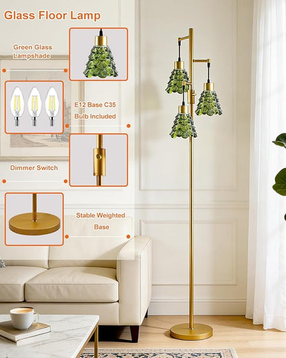 3-Light Modern Glass Floor Lamp, Gold Standing Tall Lamp with Green Pinecone Glass Shade for Reading, Dimmable LED Floor Lamp with 5Lbs Heavy Base for Living Room Bedroom Home Decor, Bulb Included