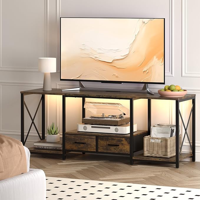 LED TV Stand with 2 Fabric Drawer - 55" Industrial TV Console Table with Open Storage Shelves for Living Room,Bedroom, Entertainment Center TV Stands for 55-65" TV - Black Steel Frame