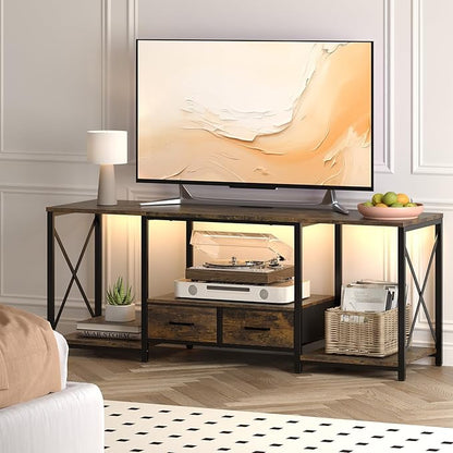 LED TV Stand with 2 Fabric Drawer - 55" Industrial TV Console Table with Open Storage Shelves for Living Room,Bedroom, Entertainment Center TV Stands for 55-65" TV - Black Steel Frame