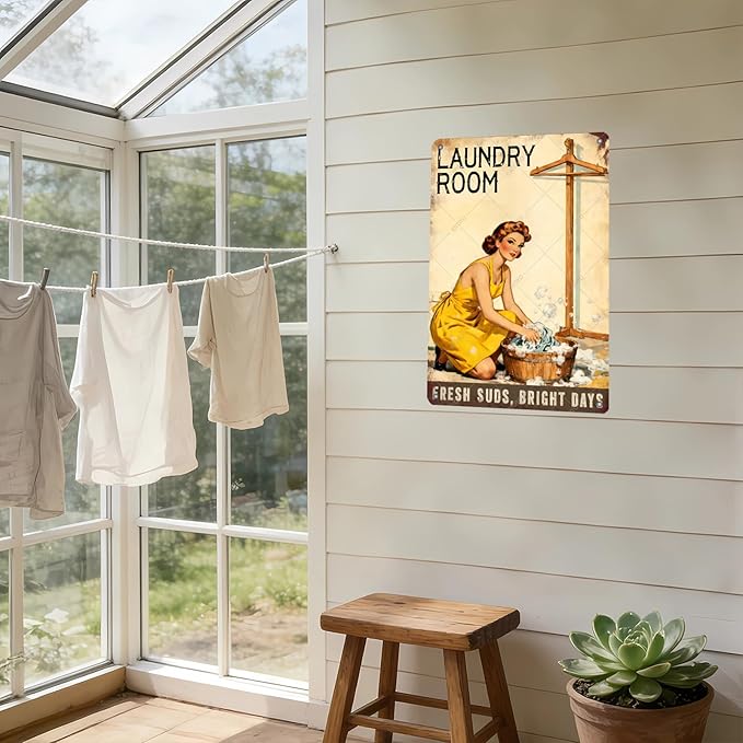 50s laundry Day Poster Metal Tin Sign Fresh Suds Bright Days Vintage Sign Utility Room Decor Retro Laundry Room Wall Art 16x12 Inch