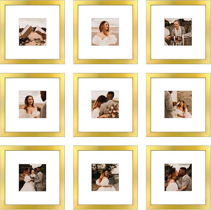 8x8 Picture Frame Set of 9, Display Pictures 4x4 with Mat or 8x8 without Mat, Multi Collage Gallery Square Photo Frames for Wall or Tabletop, Gold