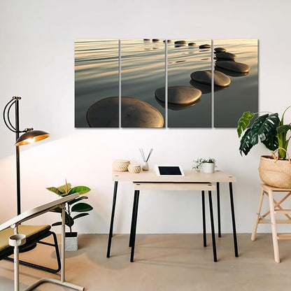 LevvArts - Large Zen Canvas Wall Art Basalt Stone at Sunset Relax Picture Spa Living Room Office Wall Decor Peaceful Scenery Artwork Framed Ready to Hang- 64" W x 32" H Overall