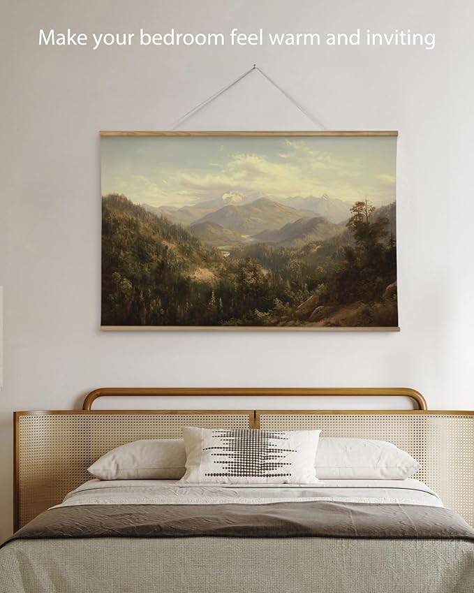 ARPEOTCY Extra Large Vintage Framed Wall Art, 36x54 Inch Mountain Mist Forest Landscape Hanging Canvas Prints Scroll Wall Art Decor for Living Room Bedroom, Retro Scenery Pictures Above of Bed