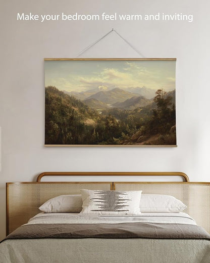 ARPEOTCY Extra Large Vintage Framed Wall Art, 36x54 Inch Mountain Mist Forest Landscape Hanging Canvas Prints Scroll Wall Art Decor for Living Room Bedroom, Retro Scenery Pictures Above of Bed