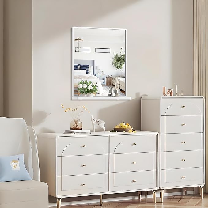 Bathroom Mirror with Shelf, White Rectangle Wall Mirror Metal Frame, Hanging Horizontal or Vertical (24'' X 20'')