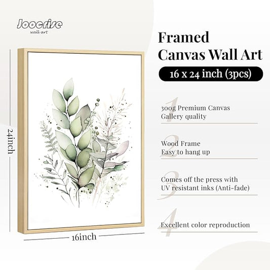 Joocrise Watercolor Botanical Wall Art Set of 3 Boho Floral Canvas Wall Decor Prints Sage Green Wildflower Wall Art Modern Flower Pictures Botanical Painting for Bedroom Bathroom 16x24 Inch Framed