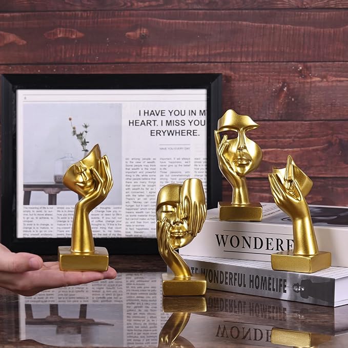 Gold Abstract Thinker Figurine Set of 4, Home Art Face Small Statue for Accents Decor Women Bedroom Shelf Bookcase Room Desk, TV Stand, Coffee Table Decor, Art Sculpture Gifts for Women (Gold)
