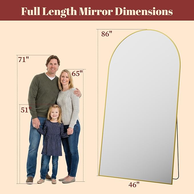 Suidia 86"x46" Arched Full Length Mirror with Stand, Full Body Mirror with Aluminum Frame, Freestanding/Leaning/Wall-Mounted, Floor Mirrors for Bedroom, Living Room, Entryway, Dressing Room, Gold