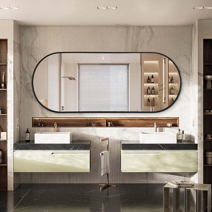 JJUUYOU Oval Full Length Mirror Black Metal Framed Bathroom Mirrors for Wall 63"X32" Inch Matte Bedroom Vanity Mirror Farmhouse Anti-Rust Tempered Glass Hangs Horizontally or Vertically Mirrors