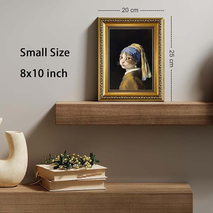 YD&YZY Gold Framed Funny Cat Wall Art Canvas Girl with a Pearl Earring Cat Wall Decor Unique Cute Animal Painting Picture Print for Bedroom Living Room Bathroom 8x10 inch Small Framed