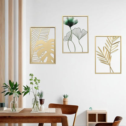 SwallowLiving Gold Wall Decor, 3 Pieces Metal Wall Art for Living Rooom, Luxurious Modern Sculptures Home Decor, Hanging Pictures for Bedroom, Office, NOT PRINTED Canvas Art (12" x 17", Set of 3)