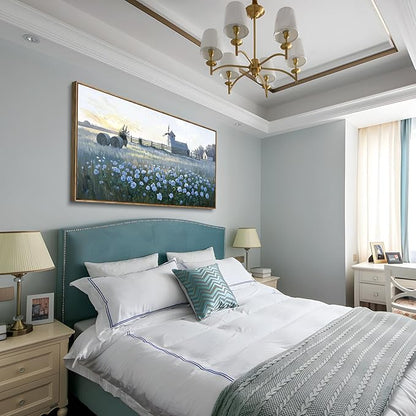 Large Framed Modern Canvas Wall Art, Natural Rural Farm Print Picture, Blue Windmill Flower Field Landscape Art Decor For Living Room, Bedroom, Dining Room, And Kitchen. 48X24 Inches.