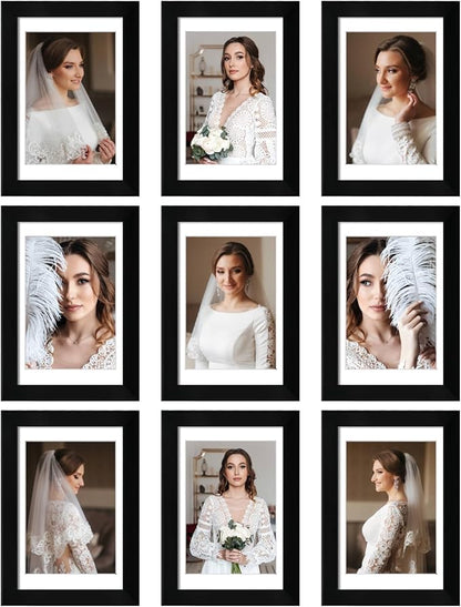 4x6 Picture Frame Set of 9, Display Pictures 3.5x5 with Mat or 4x6 without Mat, Multi Collage Gallery Square Photo Frames for Wall or Tabletop, Black