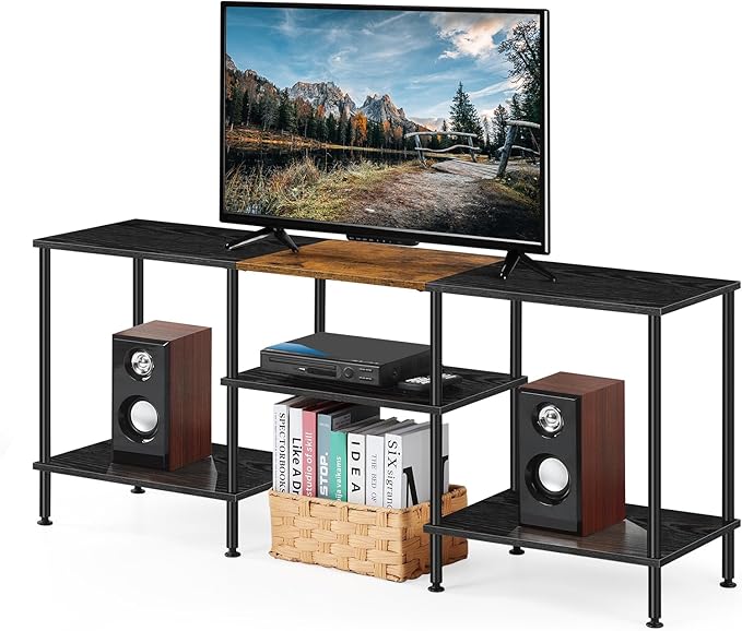 BTY 50 inch TV Stand 3 Tier Entertainment Center with Storage Shelves Small Tall Television Console Table with Metal Frame, Industrial TV Cabinet for Living Room Bedroom, Black