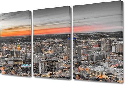 TUMOVO 3 Panel San Antonio Texas USA Skyline Black and White Wall Art City Skyline Pictures Wall Decor for Living Room Skyscrapers Wall Decor for Bedroom Framed Ready to Hang (36" Wx24 H)