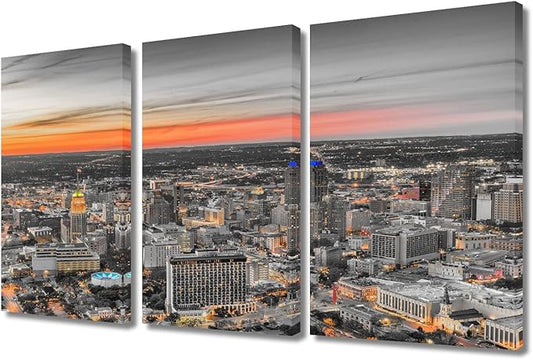 TUMOVO 3 Panel San Antonio Texas USA Skyline Black and White Wall Art City Skyline Pictures Wall Decor for Living Room Skyscrapers Wall Decor for Bedroom Framed Ready to Hang (36" Wx24 H)