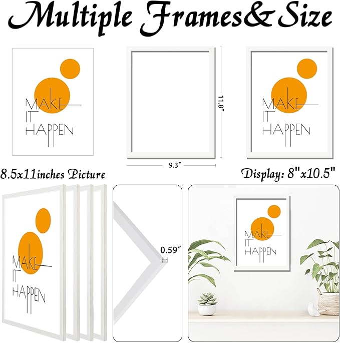 8.5x11 Picture Frame Set of 4, White 8.5 x 11 Frame Diploma Certificate High Transparent Wall Gallery Poster Canvas Photo Frames for 8.5 by 11 inches