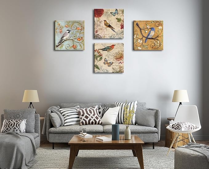 Flowers Birds Canvas Wall Art for Bedroom Floral Wall Decor Butterfly Picture Framed Artwork Vintage Prints Paintings for Bathroom Kitchen Decorations