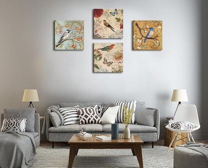 Flowers Birds Canvas Wall Art for Bedroom Floral Wall Decor Butterfly Picture Framed Artwork Vintage Prints Paintings for Bathroom Kitchen Decorations