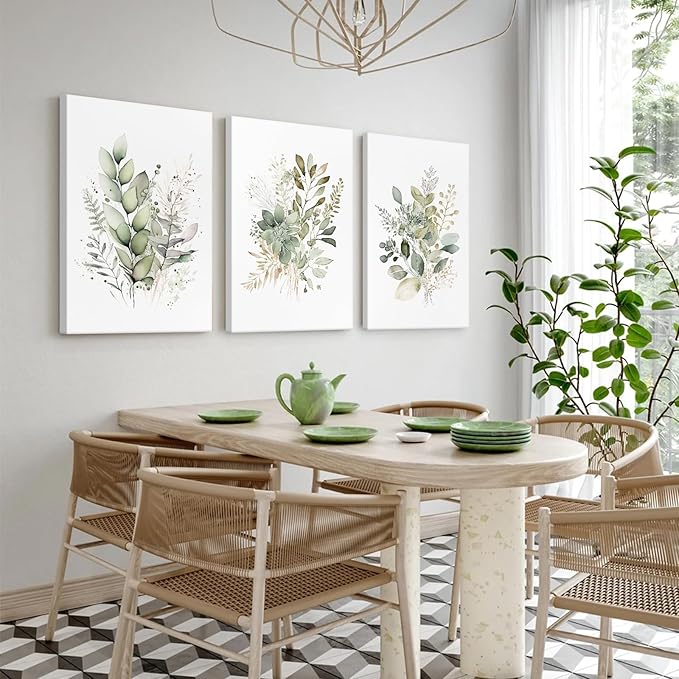 Watercolor Botanical Wall Art Set of 3 Boho Floral Canvas Wall Decor Prints Sage Green Wildflower Wall Art Modern Flower Pictures Botanical Painting for Bedroom Bathroom 12x16 Inch Wrapped Canvas