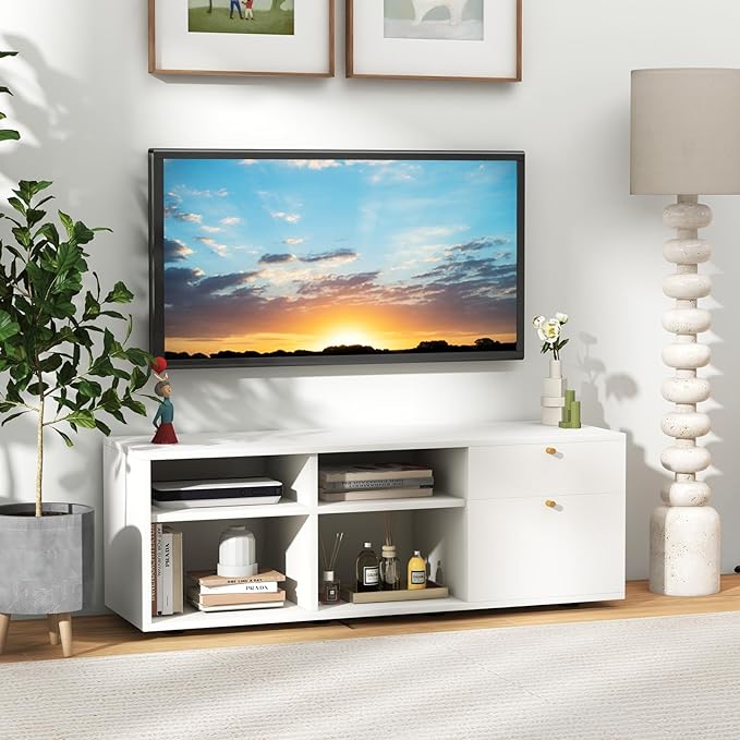 Giantex TV-Stand for Bedroom Entertainment Center - Modern TV Console Cabinet with 2 Drawers, 4 Compartments, Adjustable Feet, Media TV Storage Cabinet for Small Spaces, Entryway, Living Room, White