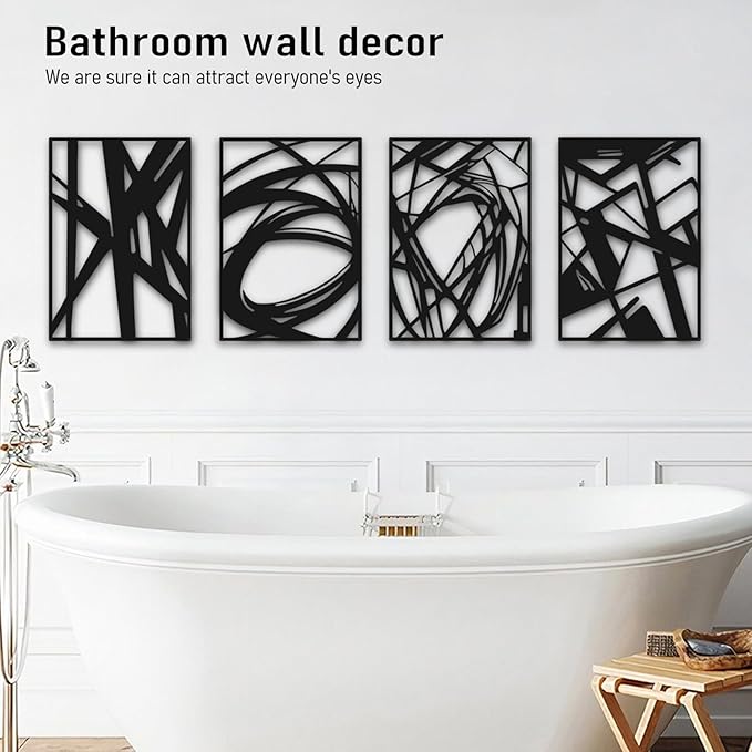 Bakovity Black Abstract Wall Art, Metal Art Wall Decor, Modern Large Wall Art, 3D Abstract Wall Sculptures for Bedroom Bathroom Living Room (4 Pack, 16 x 11 in)
