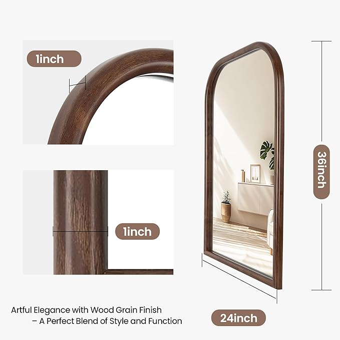 24"x36" Arch Wall Mirror Bathroom Mirror for Wall Mounted, Tempered Glass, Wood Grain Finish Frame Wall Mirror Decorative for Bedroom Living Room Entryway, Rustic Brown