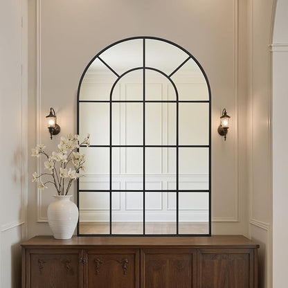 Anpark Arched Windowpane Wall Mirror 30"x48" Black Wall Mounted Art Pane Mirror Farmhouse Decorative Mirror Leaning Hanging Wall Mirror for Bedroom Living Room Entrance Hallway Wall Decor