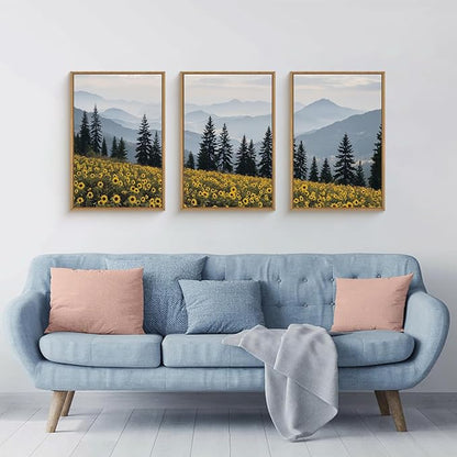 HPNIUB Mountain Sunflowers Landscape Framed Wall Art Set Nature Pine Tree Wall Decor,Boho Misty Forest Art Print Rustic Wildflower Painting Artwork for Living Room, Bedroom,Office-24''x36''x3
