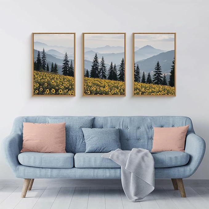 HPNIUB Mountain Sunflowers Landscape Framed Wall Art Set Nature Pine Tree Wall Decor,Boho Misty Forest Art Print Rustic Wildflower Painting Artwork for Living Room, Bedroom,Office-16''x24''x3