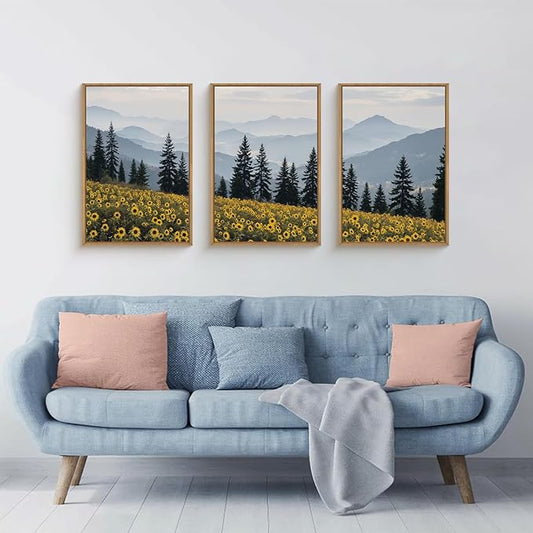HPNIUB Mountain Sunflowers Landscape Framed Wall Art Set Nature Pine Tree Wall Decor,Boho Misty Forest Art Print Rustic Wildflower Painting Artwork for Living Room, Bedroom,Office-16''x24''x3