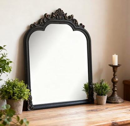 Black Arched Wall Mirror, Antique Baroque Wall Mirror Decoration, Fireplace/Entrance/Living Room/Bedroom/Kitchen/Farmhouse/Bathroom Home Decor。(Black)