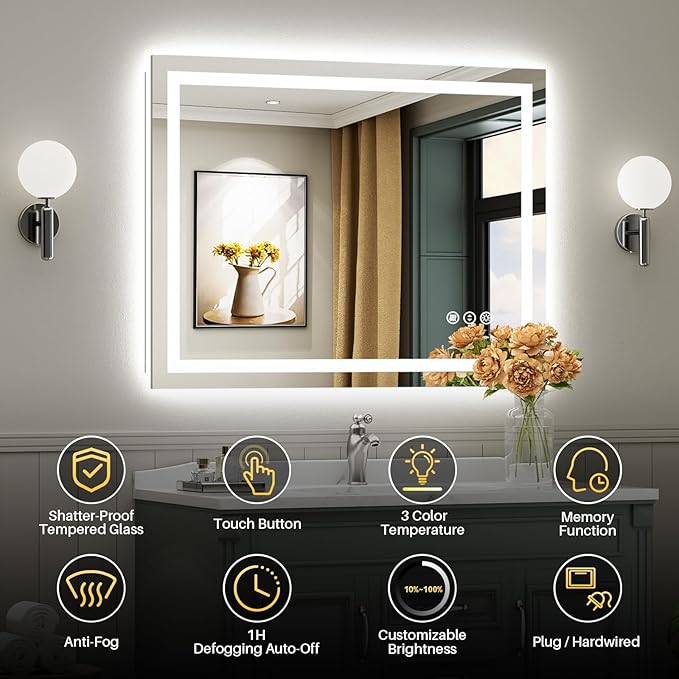 Briivue 40x38 Inch LED Bathroom Mirror with Lights, Backlit & Front Lit, Anti-Fog Lighted Bathroom Vanity Mirror for Wall, Memory Function, Dimmable, HD Tempered Glass, Shatter-Proof