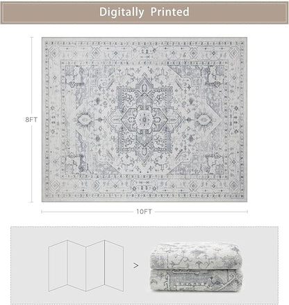 Srugn Area Rug 8x10 Washable Area Rugs for Living Room- Ultra Soft Non-Shedding Faux Wool Bedroom Rug Large Grey Vintage Print Rugs with Non Slip Rubber- Indoor Retro Foldable Carpet for Dining Room
