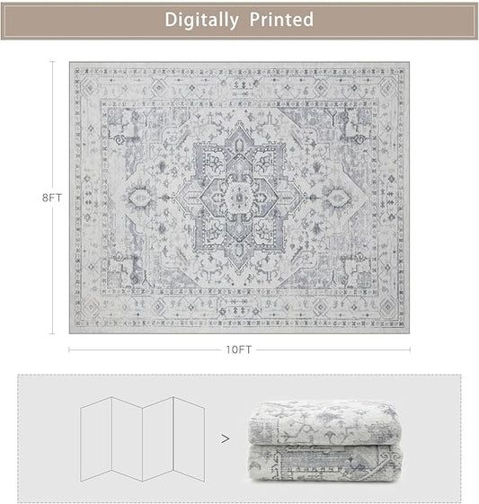 Srugn Area Rug 8x10 Washable Area Rugs for Living Room- Ultra Soft Non-Shedding Faux Wool Bedroom Rug Large Grey Vintage Print Rugs with Non Slip Rubber- Indoor Retro Foldable Carpet for Dining Room