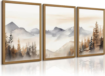 Neutral Mountain Wall Art Decor Set of 3 Forest Canvas Wall Art Poster Landscape Wall Art Artwork Modern Pictures Abstract Painting Watercolor Prints for Living Room Bedroom 16x24 Inch Framed