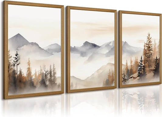 Neutral Mountain Wall Art Decor Set of 3 Forest Canvas Wall Art Poster Landscape Wall Art Artwork Modern Pictures Abstract Painting Watercolor Prints for Living Room Bedroom 16x24 Inch Framed
