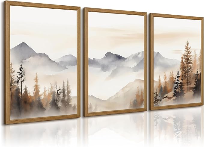 Neutral Mountain Wall Art Decor Set of 3 Forest Canvas Wall Art Poster Landscape Wall Art Artwork Modern Pictures Abstract Painting Watercolor Prints for Living Room Bedroom 24x36 Inch Framed