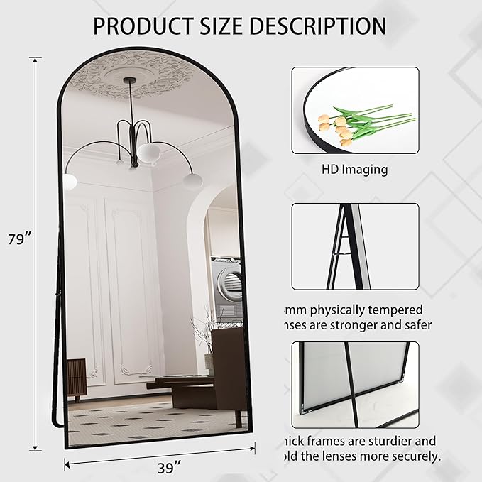 Beauty4U 79" x 39" Large Arched Full Length Mirror with Stand, Metal Frame Black Wall Mounting Full Body Tempered Mirror for Living Room, Bedroom