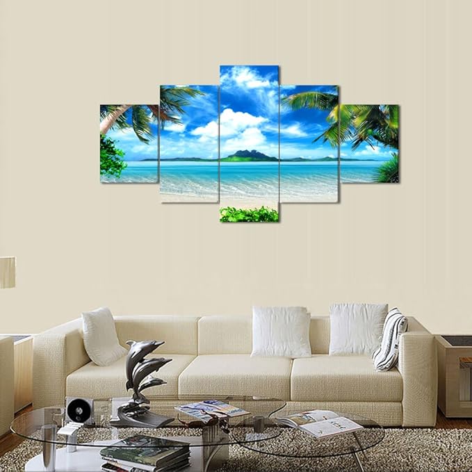 Yatsen Bridge Modern Landscape Beach Ocean Painting on Canvas 5 Piece, HD Print Pictures Wall Art for Living Room Home Decor Wooden Framed Stretched Ready to Hang (60’’W x 32’’H)