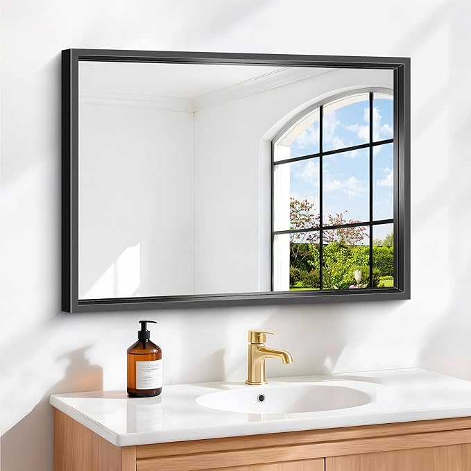 18x24 Inch Black Bathroom Mirror, Brushed Black Rectangle Mirror for Over Sink, 0.6" Thickened Deep Aluminum Frame Rectangular Vanity Mirror, Tempered Glass, Antirust, Horizontally/Vertically