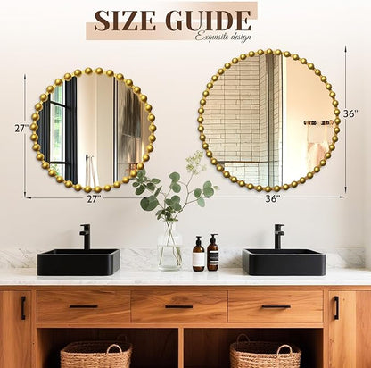 36''x36'' Beaded Gold Round Wall Mirror with Metal Frame, Small Vintage Retro Baroque Ornate Vanity Mirror for Bathroom, Fireplace,Entryway, Living Room