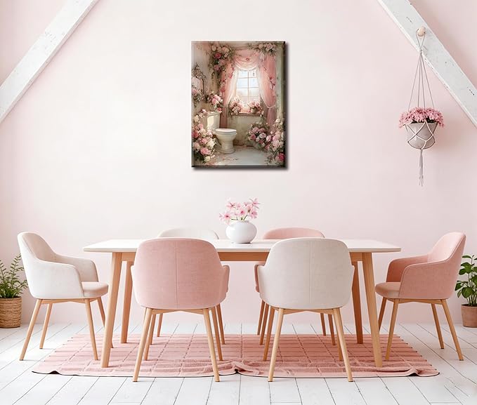 Frimeeme Romantic Rose Garden Toilet Decor,Pink Floral Bathroom Canvas Wall Art, Modern Landscape Prints for Bathroom Restroom Home Decoration((12x16 in Canvas), 12x16 Inch
