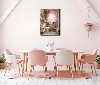 Frimeeme Romantic Rose Garden Toilet Decor,Pink Floral Bathroom Canvas Wall Art, Modern Landscape Prints for Bathroom Restroom Home Decoration((12x16 in Canvas), 12x16 Inch