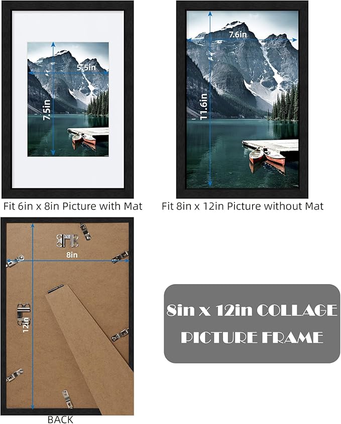 Hongkee 8x12 Black Picture Frames set of 3, Made of Wooden and Glass Photo frame - Displays 6x8 Picture with Mat or 8 x 12 Poster without Mat, Desktop & Wall Collage Frame set