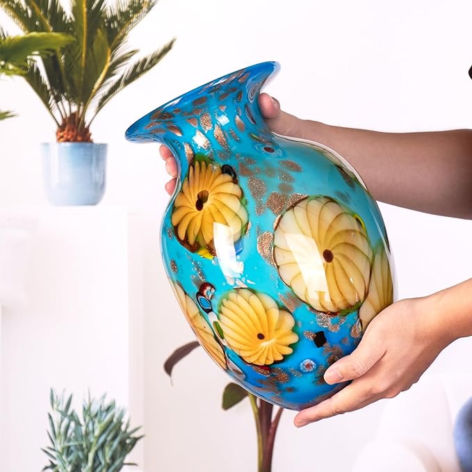 KAMMAK Colored Glass Vase, Beautiful Hand Blown Decorative Vase, Modern Art Vase for Flower Mantle Dining Table Centerpiece, Entryway Living Room Wedding Decoration, 8HPQSKQ021